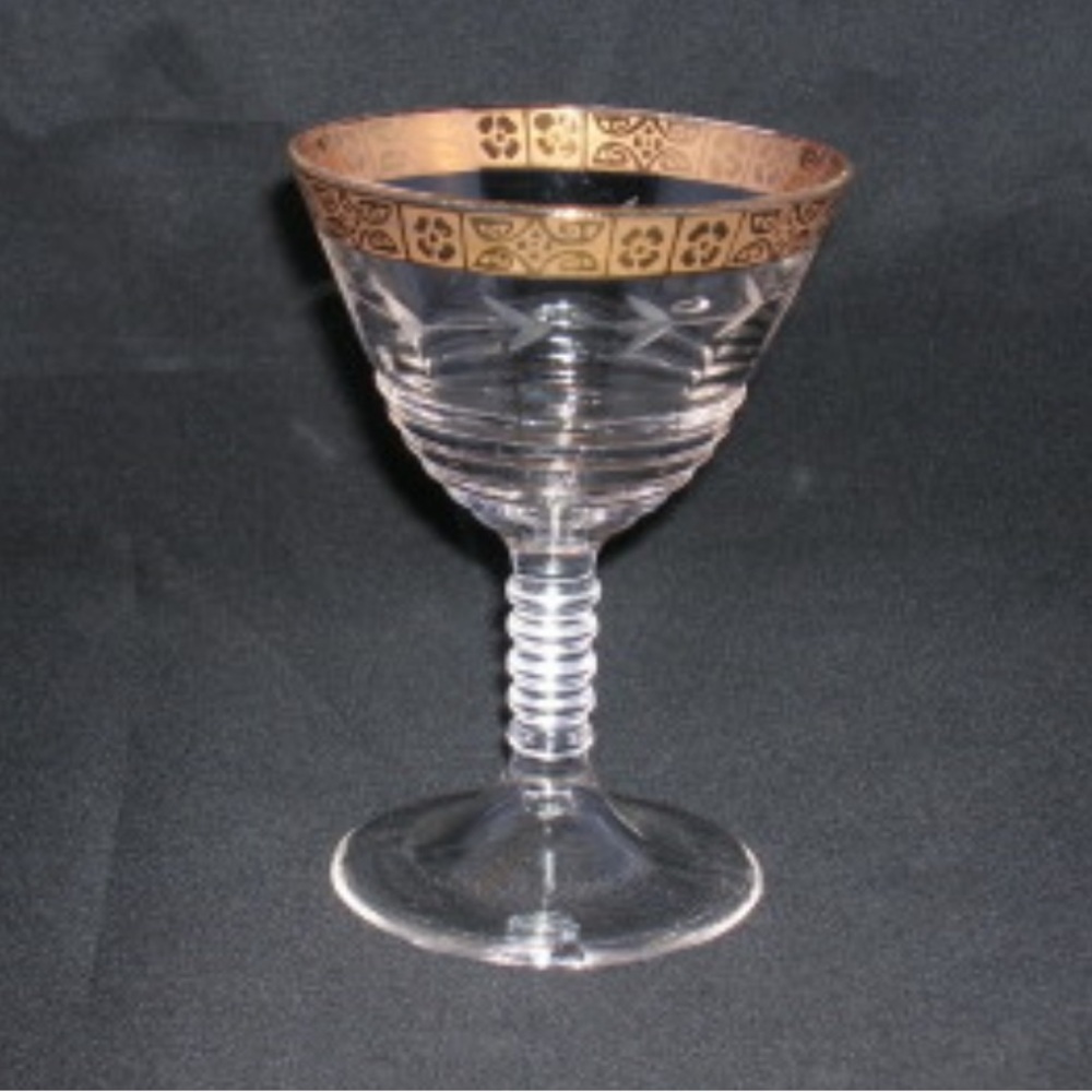 Vintage Clear Glass Cocktail Glass with Ribbed Stem and Gold Rim Excellent Cond